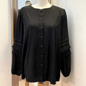 Chico’s black blouse with fringe and wood beaded details on sleeves. Size 3 16